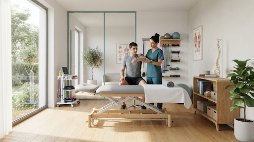 Modern, clean, warm and bright physical therapy and kinesiology treatment room in a boutique private clinic. Minimalist healthcare interior, sleek examination and rehabilitation table, anatomical spine model on a shelf, natural soft sunlight through large window, indoor plants, soft teal accents, professional peaceful medical atmosphere, architectural photography, ultra-realistic, 8k resolution.