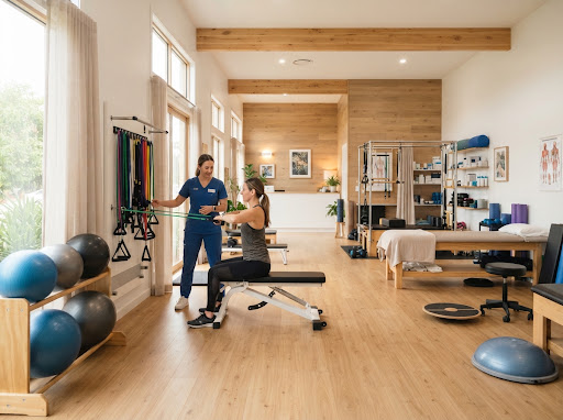 Physical therapy rehabilitation equipment in a modern bright private clinic: resistance bands, exercise balls, clean timber floor, gentle ambient daylight, pristine clinical environment, warm welcoming kinesiology practice, high resolution interior photography.