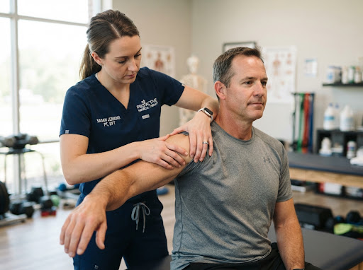 Close up of physical therapist kinesiology hands-on manual therapy technique on shoulder joint in a bright modern clinic room, dignified medical setting, soft lighting, professional care, realistic photography.