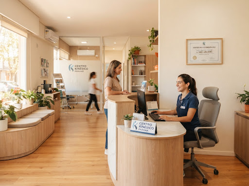 Modern kinesiology clinic consultation desk and reception area with warm lighting, ergonomic chair, minimalist medical certificate on clean wall, peaceful and welcoming atmosphere in Paraná Argentina, high quality interior photography.
